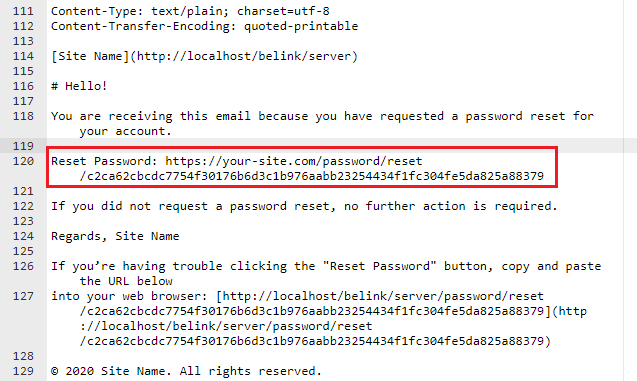 Password reset page after clicking the link from the log file